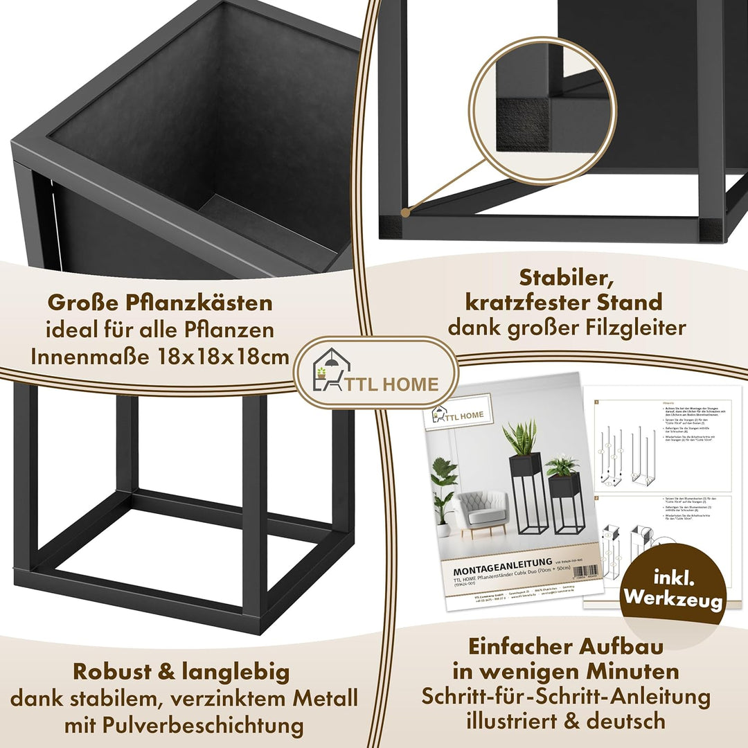 Blumenständer CUBIX DUO 2er Set - Pflanzenständer Metall schwarz 50 und 70 cm hoch - Design Blumento