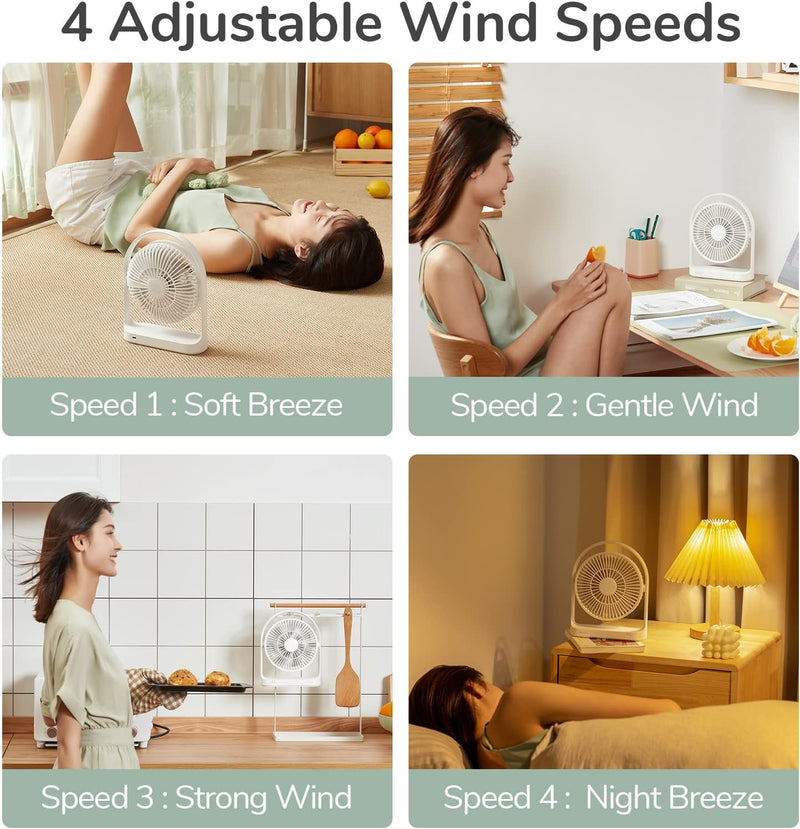 JISULIFE Tischventilator, USB Ventilator 4000mAh mit 4 Geschwindigkeiten, Klein Leise Tischventilato