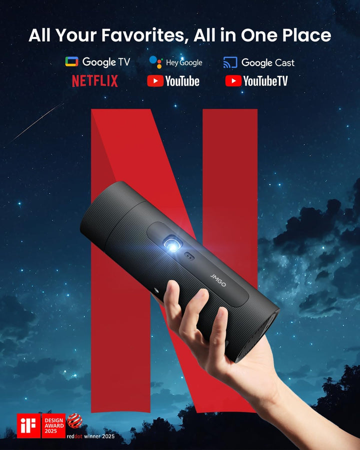 JMGO PicoFlix Mini Beamer Outdoor mit Google TV, Netflix, 1080P Portable Projektor, 450 ANSI Lumen,