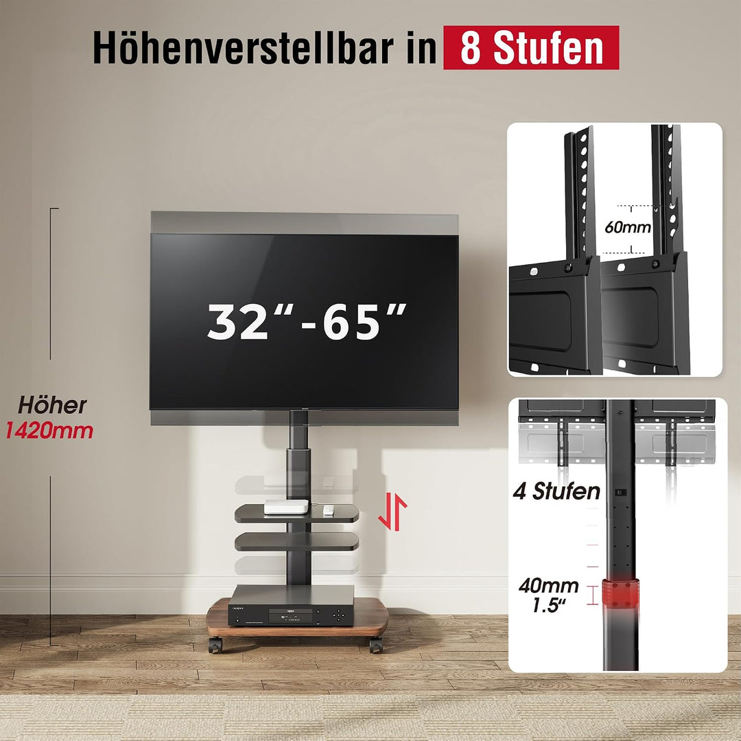 AOKCOS TV Ständer Rollbar mit Holzablage 2 Regal, Fernsehständer auf Rollen für 32-65 Zoll TV, TV Bo