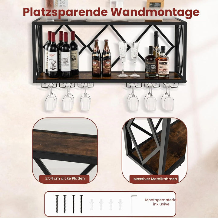 KOMFOTTEU Weinregal Wand, Flaschenregal Holz mit Metallrahmen, dekoratives Wandregal mit Becherhalte