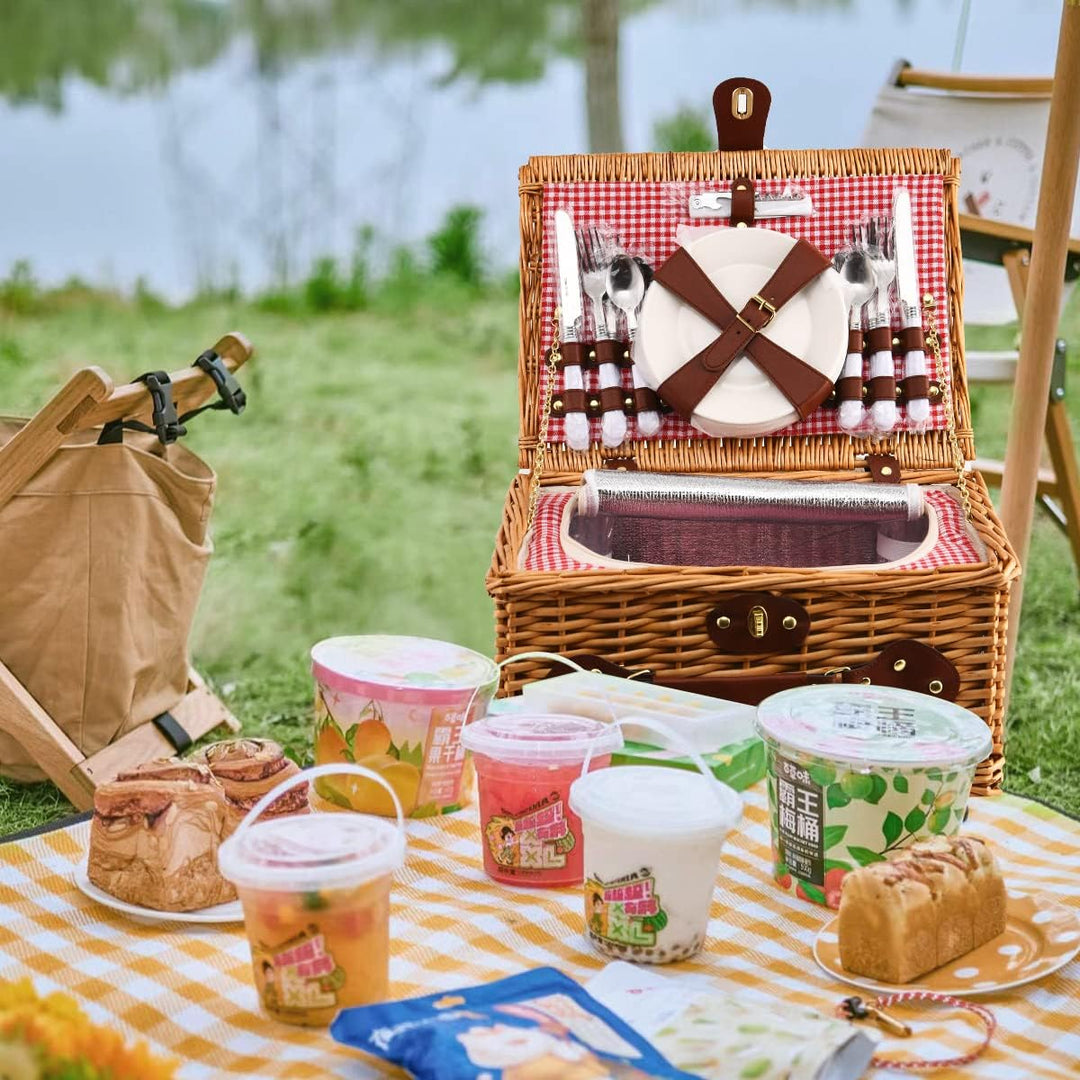 EIRONA Willow Hamper Picknickkorb für 4 Personen mit isoliertem Kühlfach und wasserdichter Decke, Be