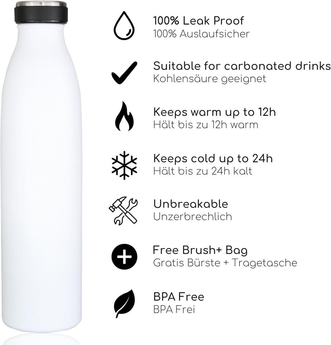 Milu Edelstahl Trinkflasche 350ml 500ml 750ml 1L 1,5L – Thermosflasche, Isolierte Wasserflasche, Aus