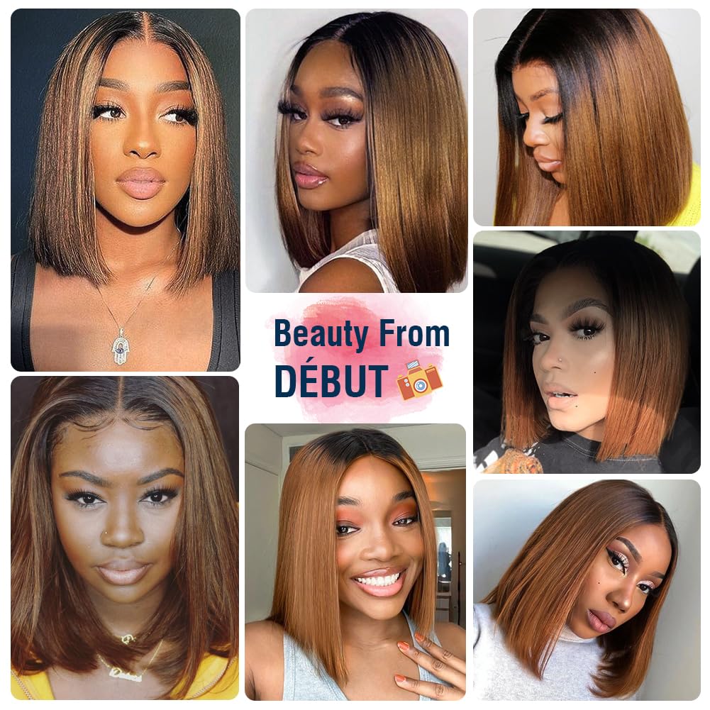 DÉBUT Glatte Bob Perücke, Echthaar, T-Teil, Spitzenfront, Bob-Perücke, vorgezupft, mit Babyhaar, 150