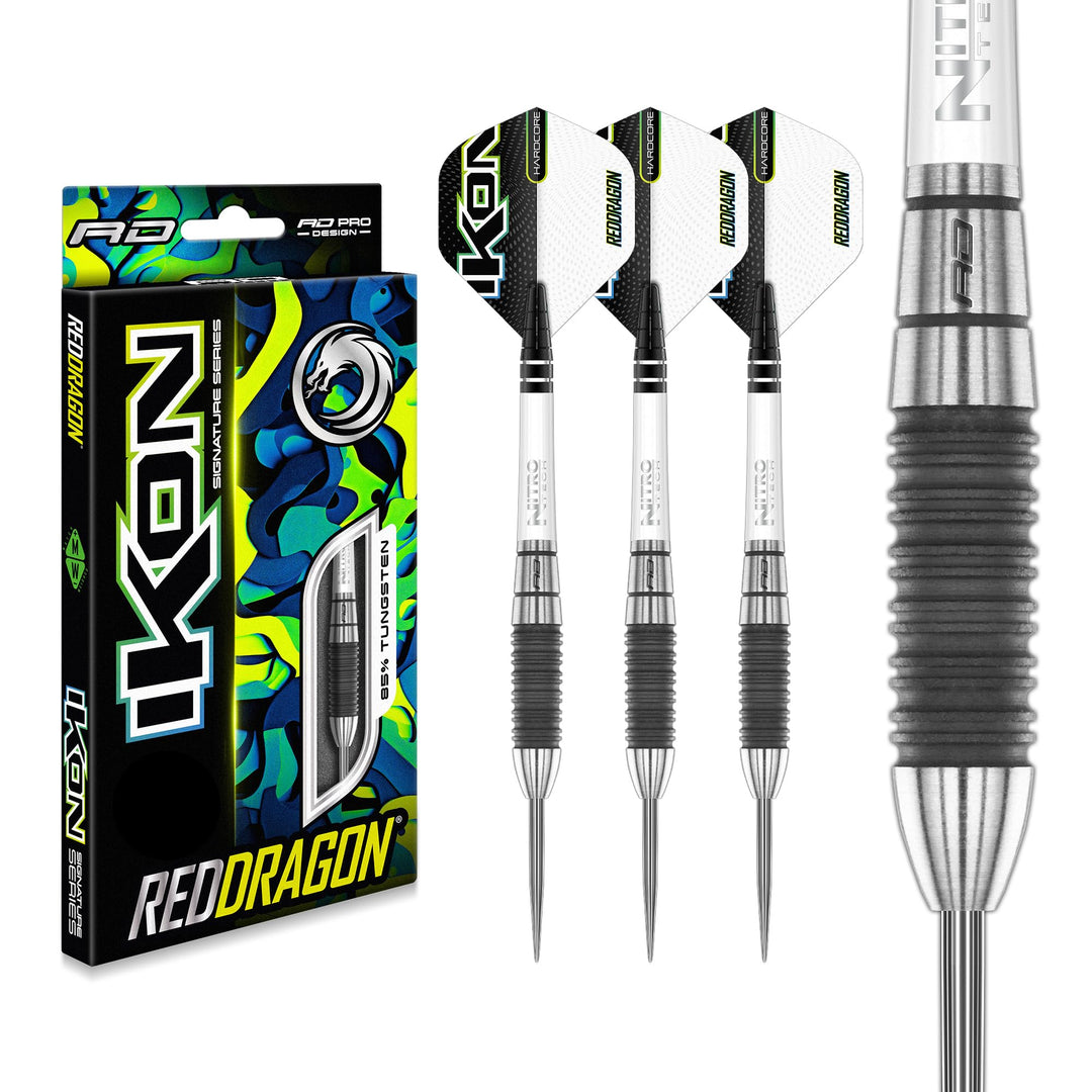 RED DRAGON Ikon Signature Series Professionelles Wolfram Steeltip Dart Set mit Flights und Schäften
