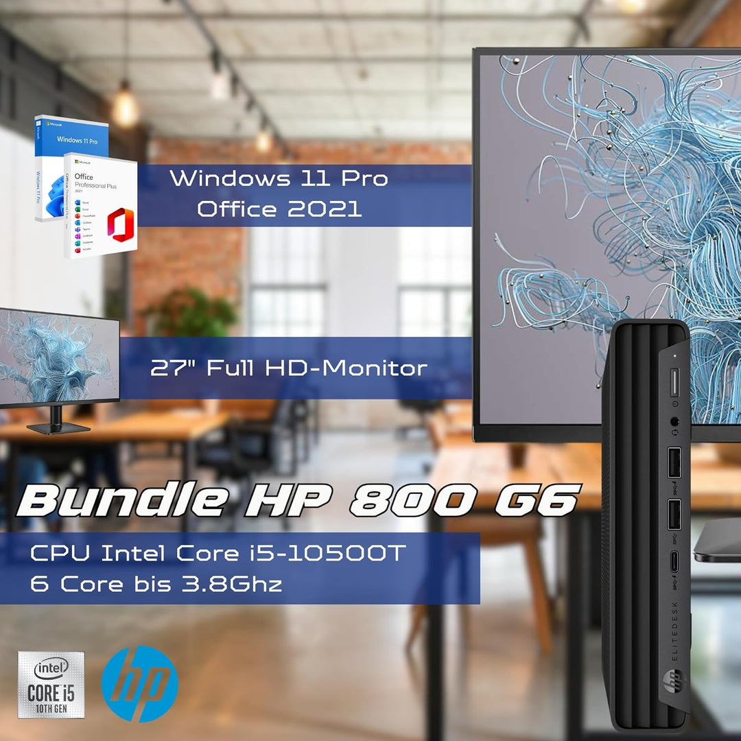 HP Bundle EliteDesk 600 G6 Mini-PC | Intel Core i5-10500T | 16 GB RAM | 512 GB SSD Nvme Monitor 27"