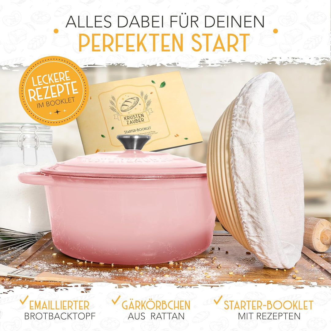 KRUSTENZAUBER Gusseisen Topf Brot backen emailliert inkl. Gärkorb - 26cm Emaille-Topf samt Zubehör -