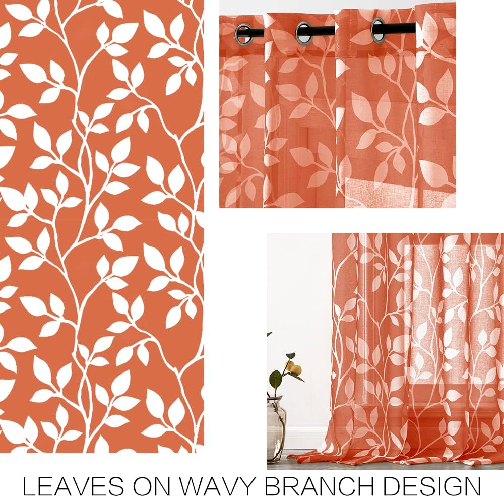 Durchsichtige Vorhänge mit Blättern, 213 cm, für Wohnzimmer, Burnt Orange 52x84 Burnt Orange, 52x84
