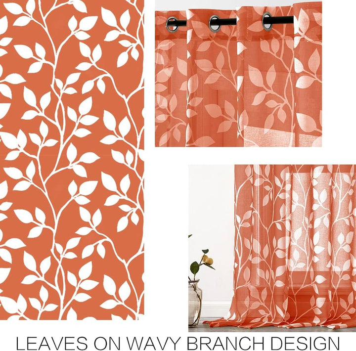 Durchsichtige Vorhänge mit Blättern, 213 cm, für Wohnzimmer, Burnt Orange 52x84 Burnt Orange, 52x84