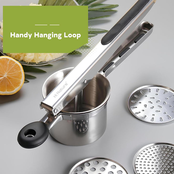 HI NATURE™ Kartoffelstampfer Metall – Stampfer Küche Edelstahl mit 3-Loch-Scheibe – Kartoffelpresse