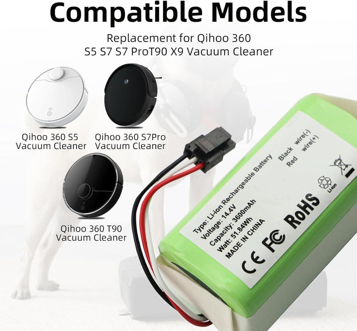 K KYUER 3600mAh Staubsauger Akku Kompatibel mit Qihoo 360 S5 S7 S7 Pro 360 T90 X9 Roboter Vacuum Cle