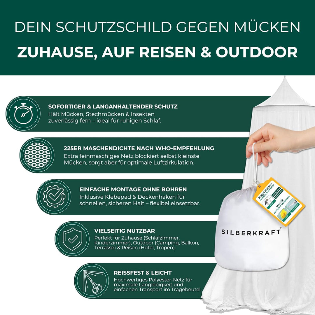 Silberkraft Premium Moskitonetz inklusive Klebehaken, XXL für Doppelbett, Betthimmel mit Reissversch