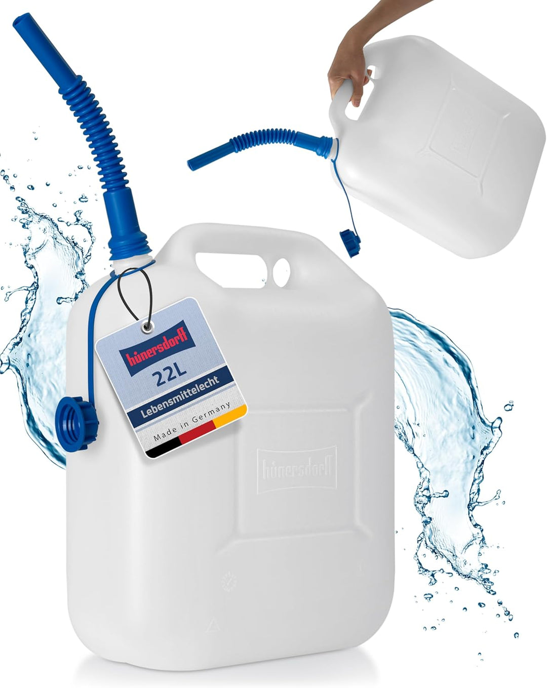 hünersdorff Wasserkanister ECO mit Auslaufrohr und unverlierbarer Deckelverschraubung, 22 L (mit Roh