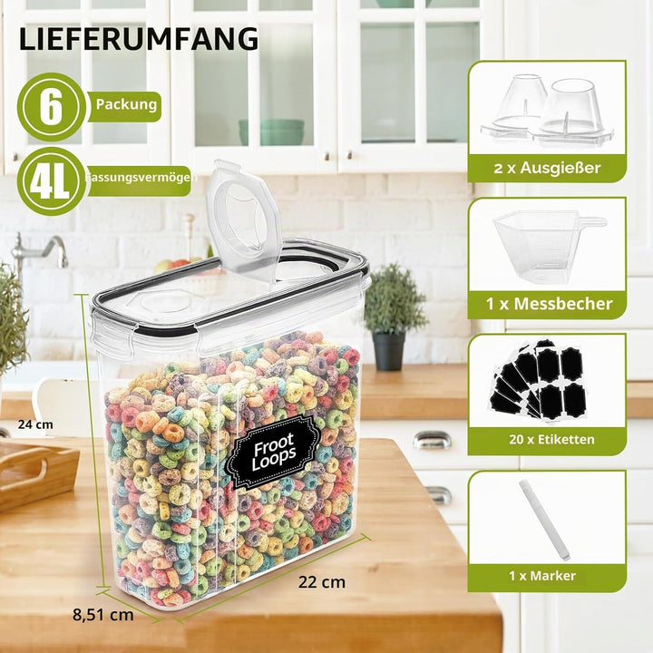 Skroam Müslibehälter, 6 Stück, luftdichte Frischhaltedosen mit Deckel, Kunststoff, Müsli-Spender für