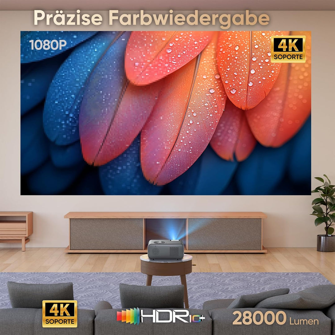 Beamer Kompatibel mit, HORLAT Beamer Unterstützt 4K, 28000 Lumen Full HD 1080P WiFi 6 Bluetooth, Aut