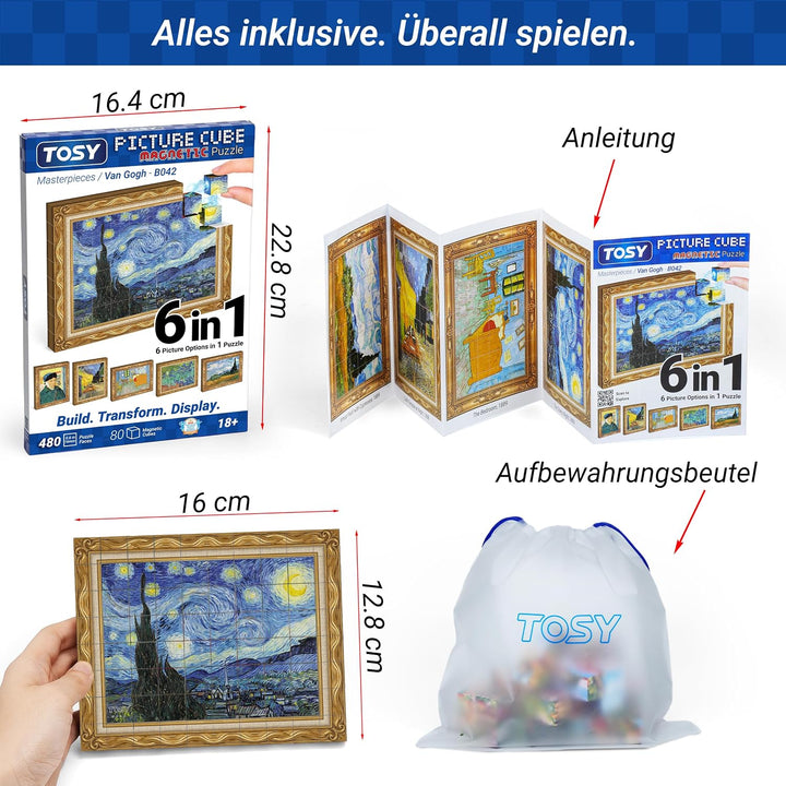 TOSY Picture Cube Van Gogh: 6-in-1 magnetisches Bilderpuzzle, 80 Blöcke, 488 Flächen/Magnete, 0,6 Zo