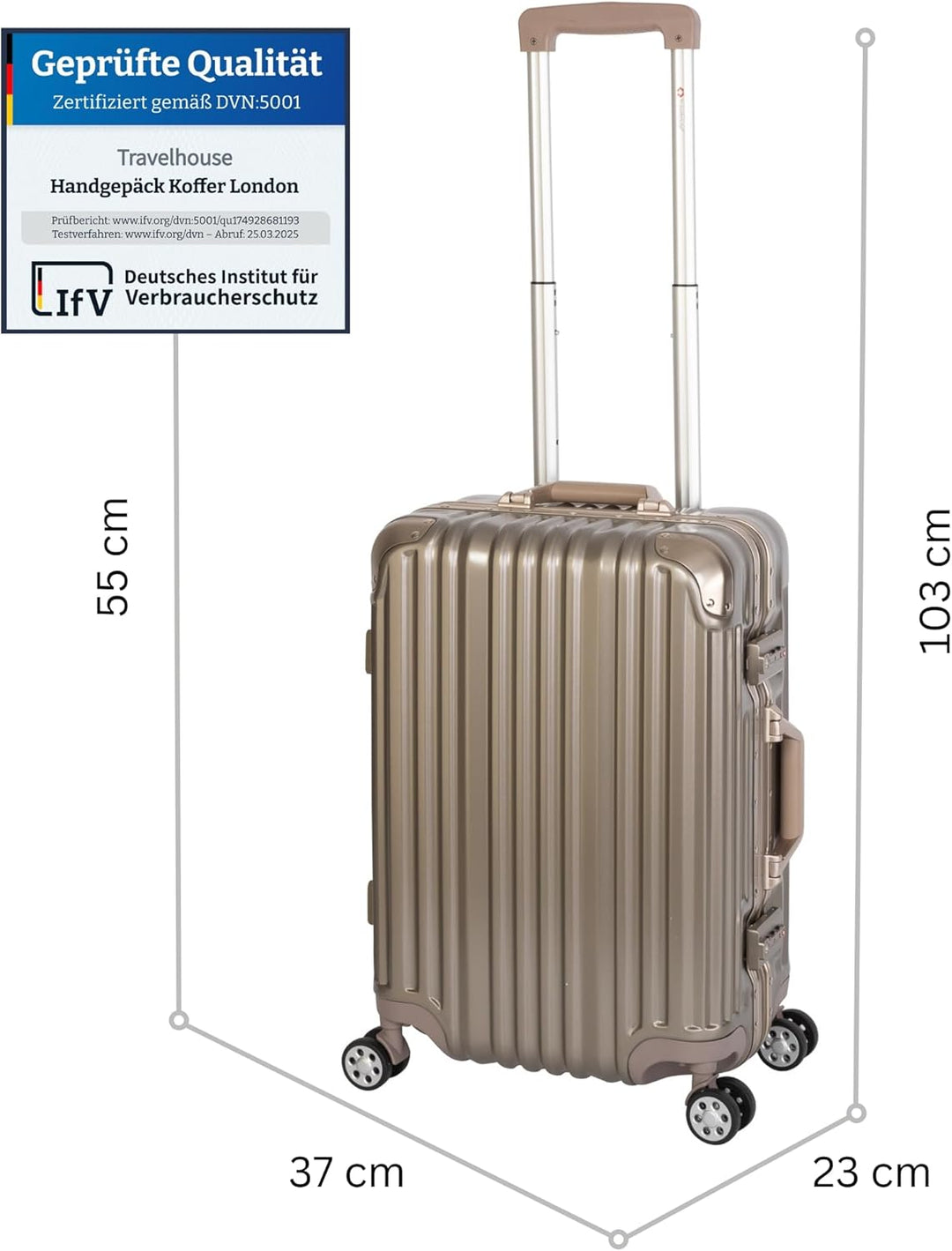 Travelhouse London Boardkoffer 55cm · Aluminium-Rahmen · Polykarbonat Hartschale · 2X TSA Zahlenschl