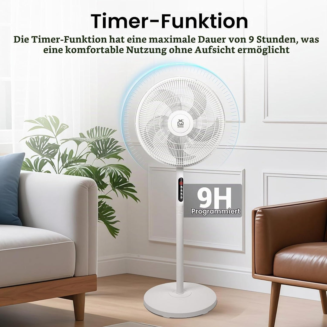 EXTRASTAR 16 Zoll Standventilator mit Fernbedienung, 6 Windstufen, 9h Timer, 70° automatische Schwen