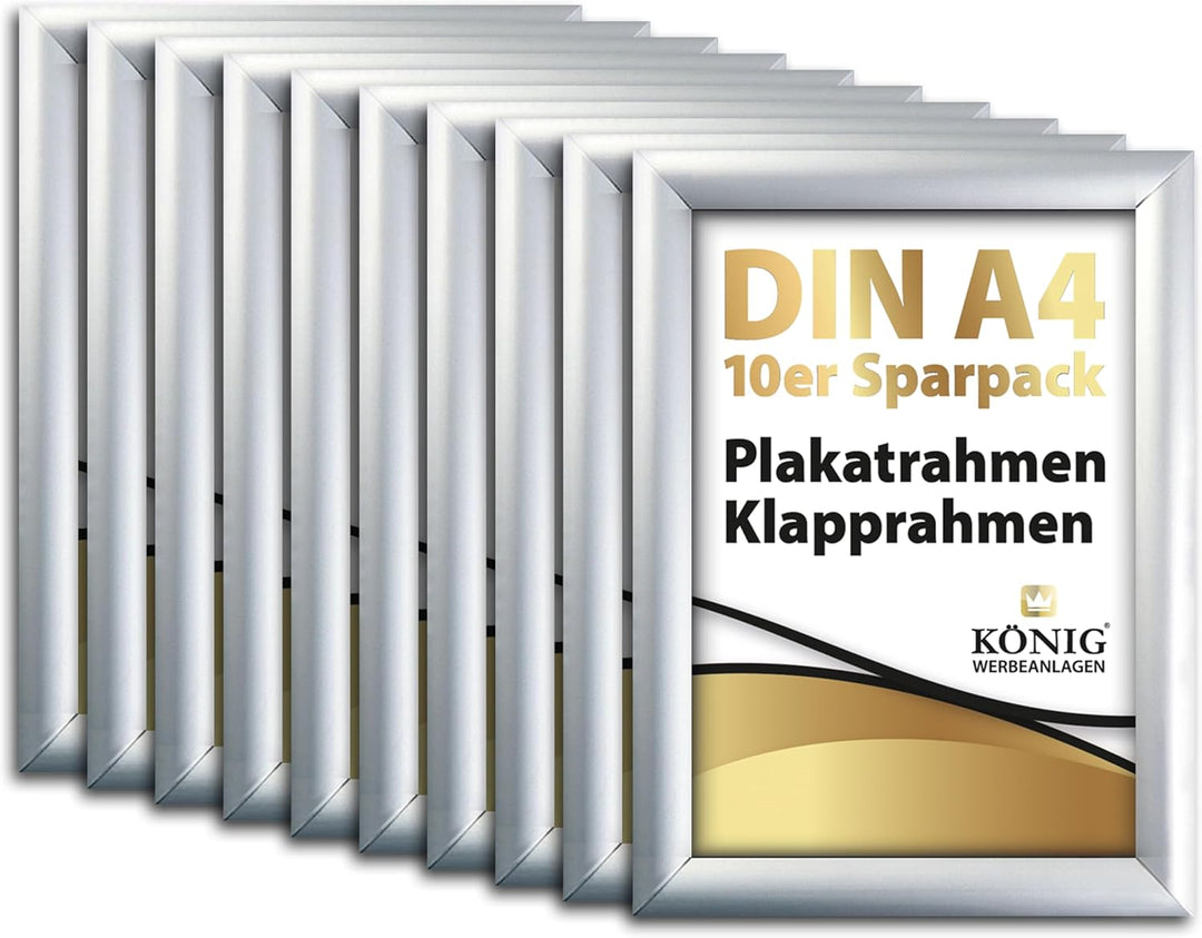 10 Plakatrahmen DIN A4 | 25mm Aluminium Profil, Silber | inkl. entspiegelter Schutzscheibe | Alu Kla