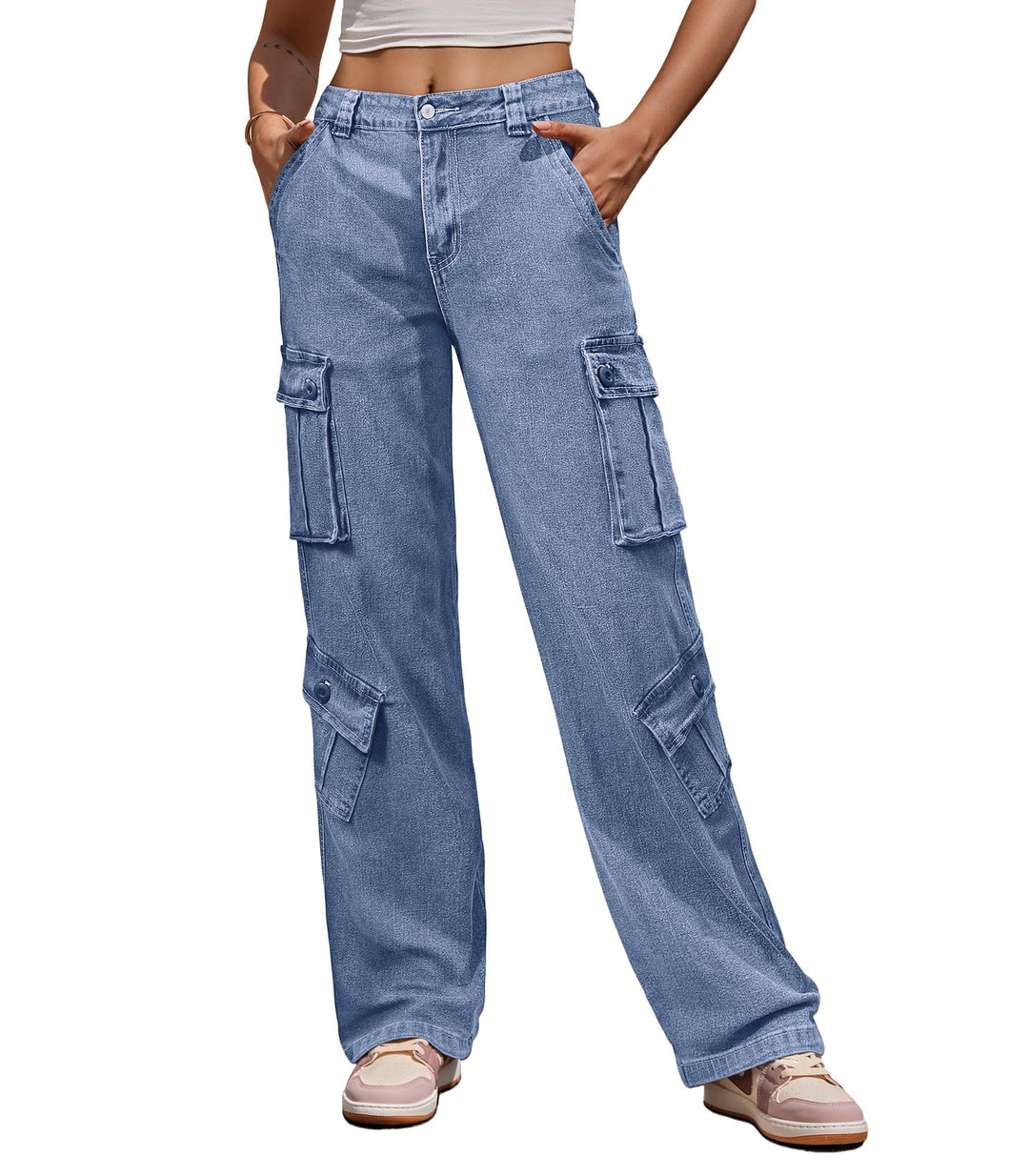 Cargohose Damen Baggy Y2K Multi Taschen High Waist Stretch Wanderhose Sport Jogginghose mit Elastisc
