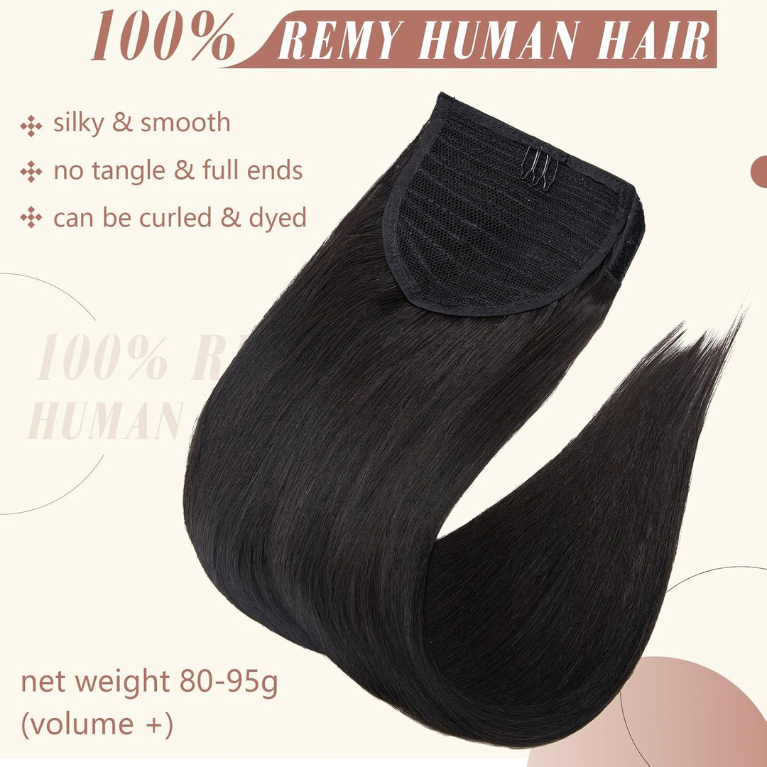 Elailite Ponytail Extension Echthaar #1B Naturschwarz, Haarverlängerung Zopf Haarzopf Pferdeschwanz