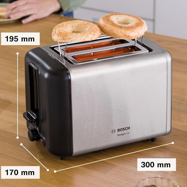 Bosch Kompakt Toaster DesignLine TAT3P420DE, integrierter Edelstahl-Brötchenaufsatz, mit Abschaltaut