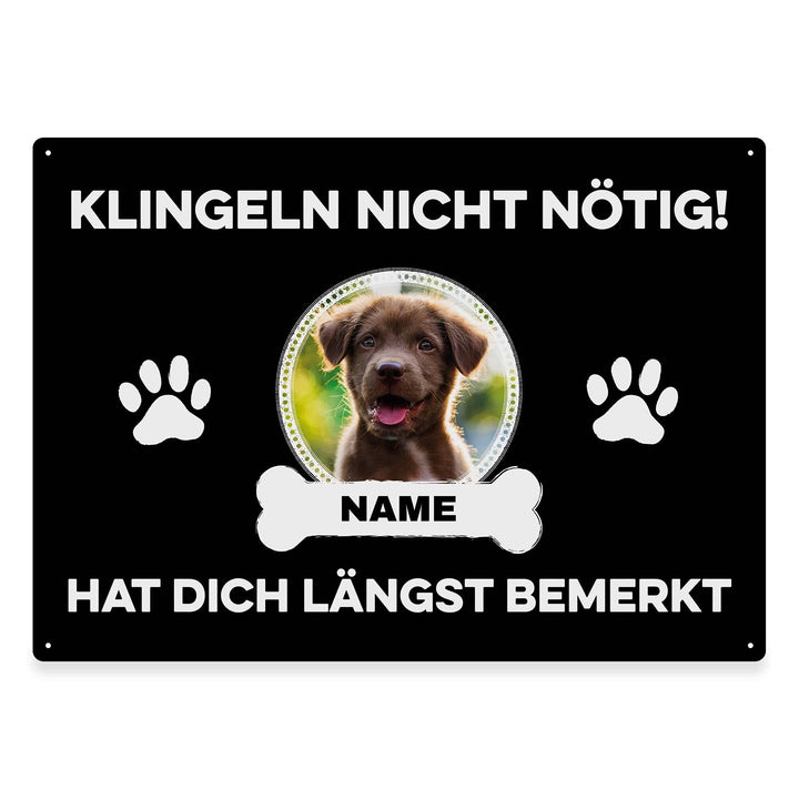 Hunde Schild personalisiert - Klingeln nicht nötig - Metallschild mit Foto und Name für aussen, wett