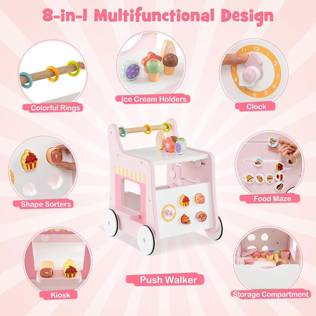 DREAMADE Lauflernwagen Holz, 6-in-1 hölzerne Lauflernhilfe, Baby Walker mit Blöcken & Zubehör, Lernl