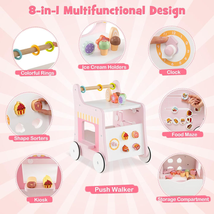 DREAMADE Lauflernwagen Holz, 6-in-1 hölzerne Lauflernhilfe, Baby Walker mit Blöcken & Zubehör, Lernl