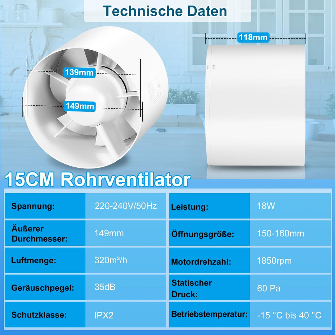 Rohrventilator 100 mm Inline Abluftventilator, 150 mm 320 m3/h Rohrlüfter mit Rückstauklappe und EU-