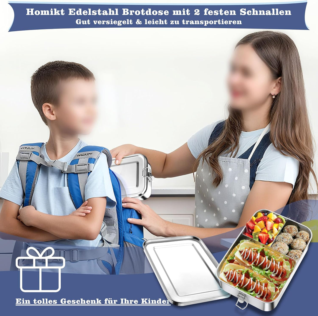 Homikit Brotdose mit Fächern, 1400ml Edelstahl Bento Box Lunchbox | für Kinder &amp; Erwachsene, Auslauf