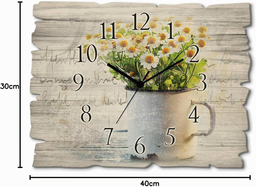 ARTLAND Wanduhr ohne Tickgeräusche aus Holz Quarzuhr 40x30 cm Rechteckig Lautlos Blumen Gänseblümche