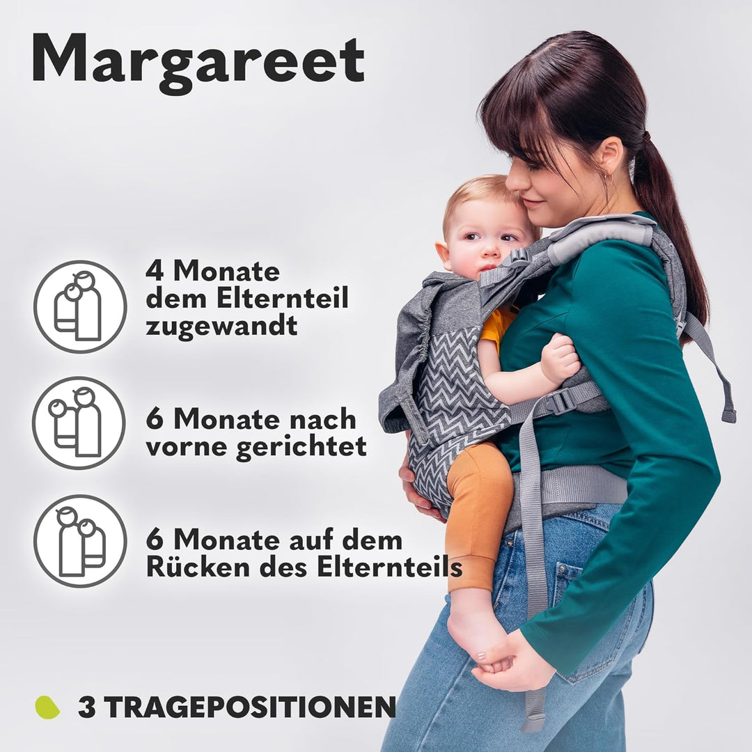 LIONELO Margareet Baby Trage, 3 Tragepositionen, richtige Position des Babys, versenkbare Haube, dop