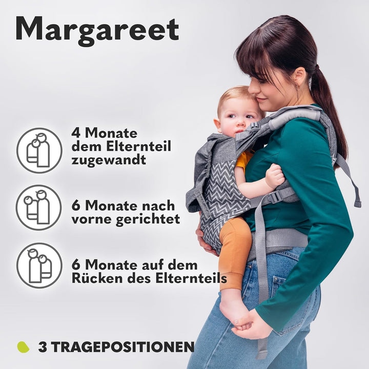 LIONELO Margareet Baby Trage, 3 Tragepositionen, richtige Position des Babys, versenkbare Haube, dop
