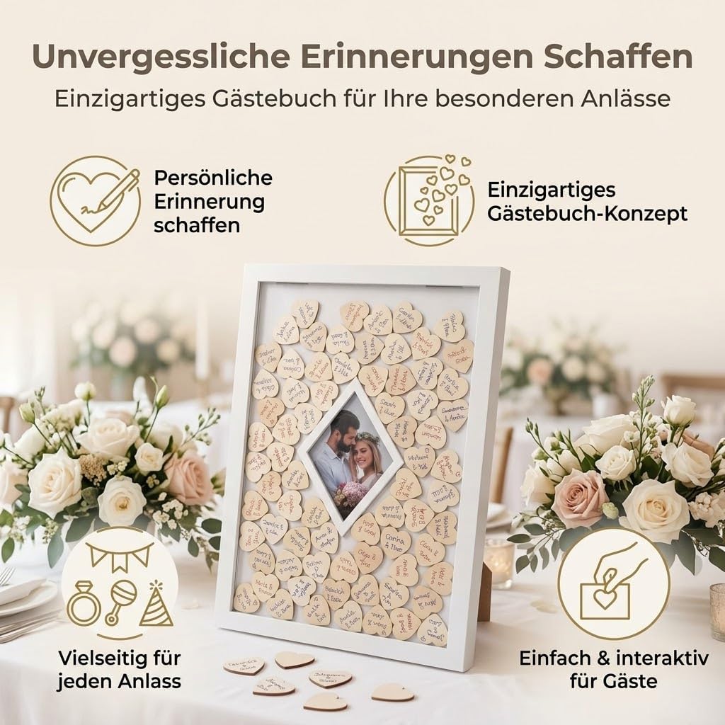 Jandiklee Gästebuch Holzrahmen inkl. Herzen aus Holz für Hochzeit, Taufe, Geburtstag (Fotorahmen Dia