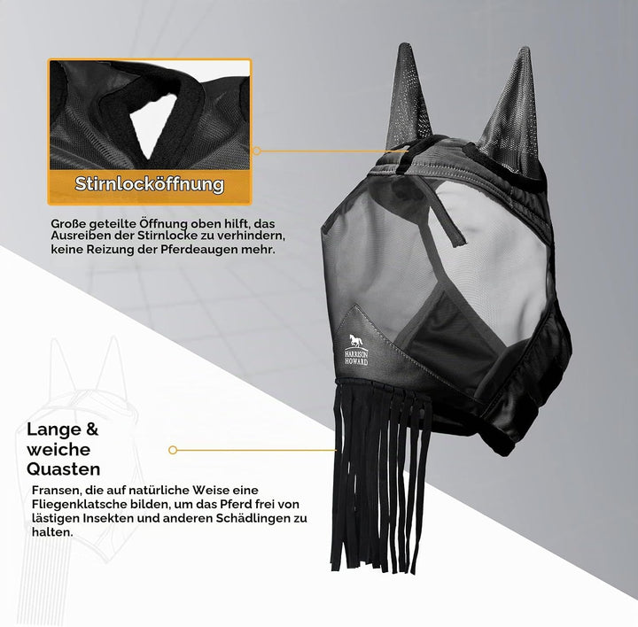 Harrison Howard CareMaster Pferde Fliegenmaske mit Ohren und Nasenfransen Fliegenschutz-Verteidigerm