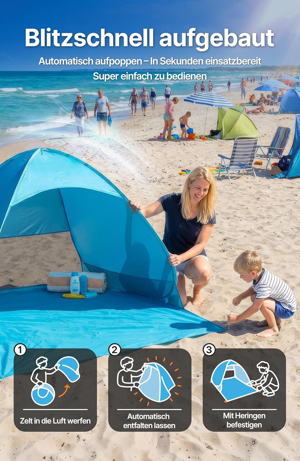 4smile Pop Up Strandmuschel mit UV-Schutz 50+, Strandzelt für 2-3 Personen, Windschutz &amp; Sonnenschut