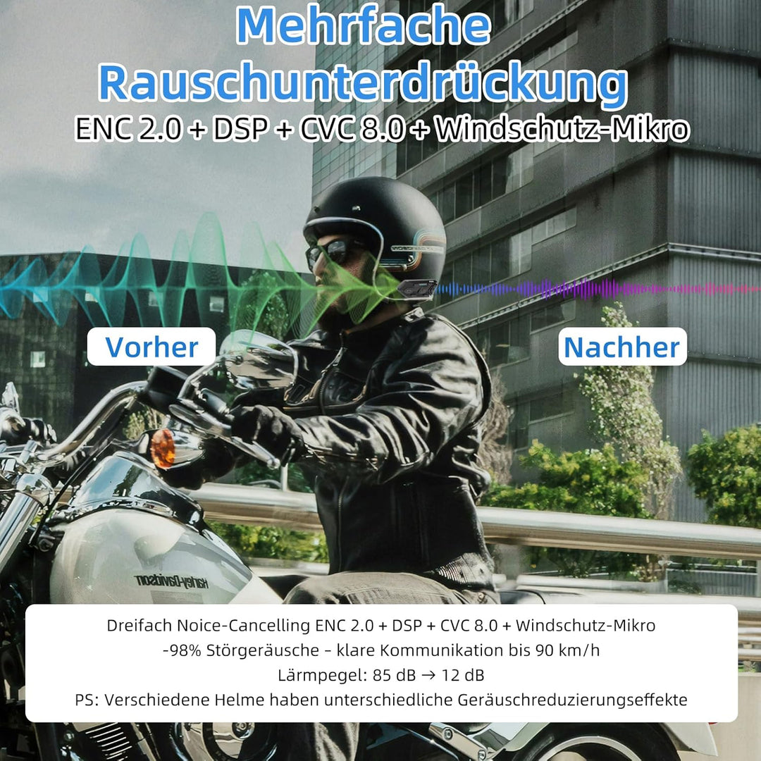 R6S Motorrad Headset Bis zu 6 Motorräder anschliessbarr 1200M Wireless Kommunikationssystem für 2 Pe