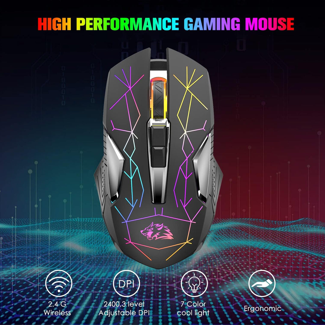 Kabellose Gaming-Maus, 2400 DPI, Seitentaste, USB Empfänger, Atmung RGB-Beleuchtung, 7 Tasten Lautlo
