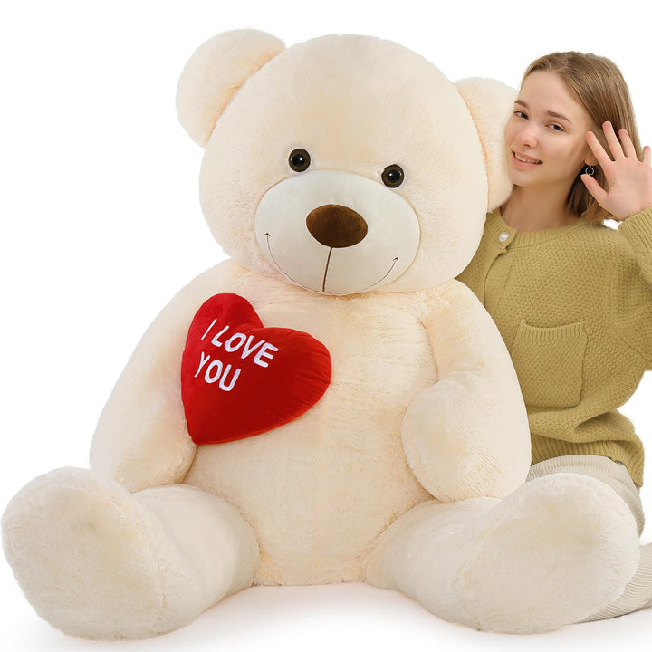 MorisMos 150cm riesen Teddy mit Herz, Beige gross teddybär XXL, kuschelig Plüschbär XXXL, Valentinst