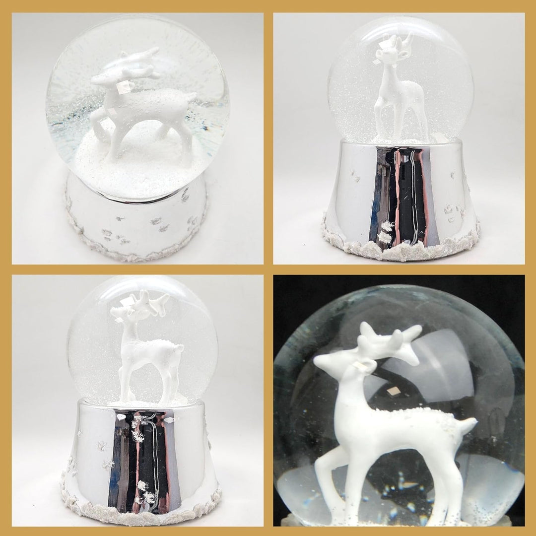 Schneekugel Weihnachten Spieluhr | REH weiss| Sockel Silber glänzend mit Schneeflocken | mit Musik |