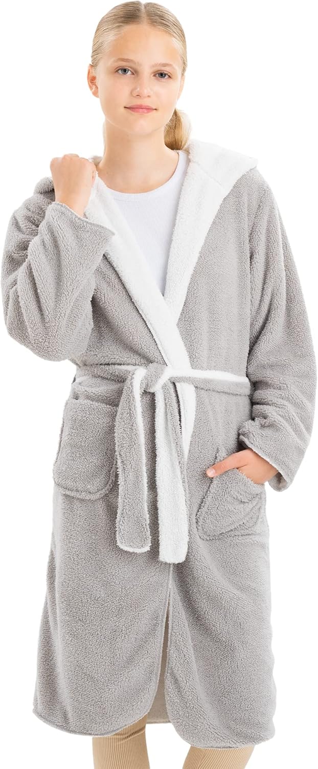 HOMELEVEL Kuschelfleece Bademantel für Kinder - Sherpa Morgenmantel mit Taschen Schalkragen Gürtel -