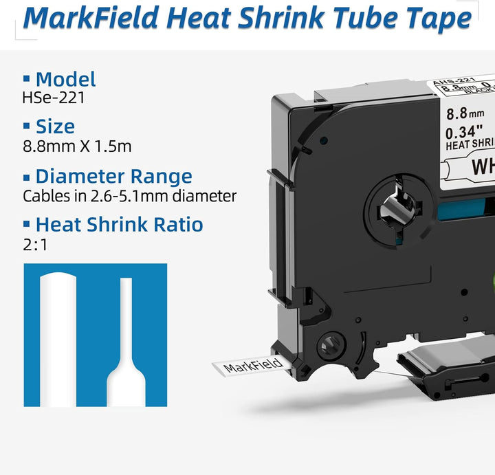 3x MarkField Kompatible Schriftband Schrumpfschlauch HSe-221 HSe221 8.8mm Bänder Schwarz auf Weiss K