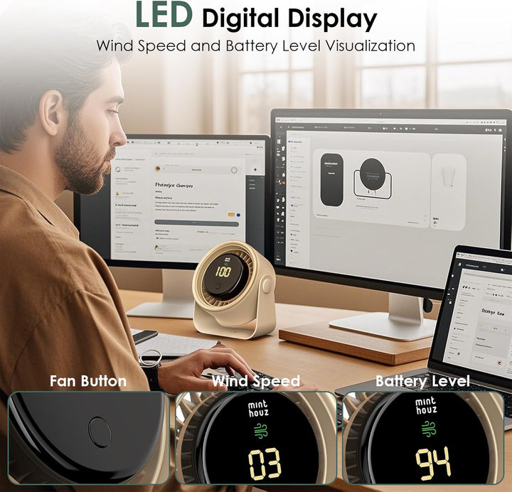 Minthouz 3000mAh Wiederaufladbarer USB-Ventilator,Leiser Tischventilator mit LED-Anzeige,4 Geschwind