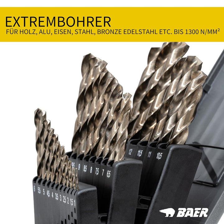 BaerCoil BAER Bohrer Set 25 tlg. - 1–13 mm HSSE in 0,5 mm Schritten - Edelstahlbohrer - 5% Cobalt Sc