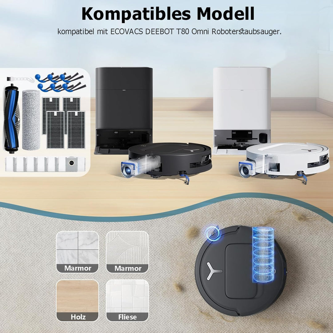 21 Stück Zubehörset Kompatibel für ECOVACS DEEBOT T80 OMNI Saugroboter, 2 Gummi-Hauptbürste, 4 Filte