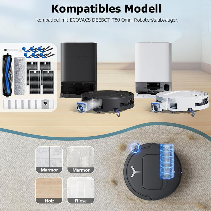 21 Stück Zubehörset Kompatibel für ECOVACS DEEBOT T80 OMNI Saugroboter, 2 Gummi-Hauptbürste, 4 Filte