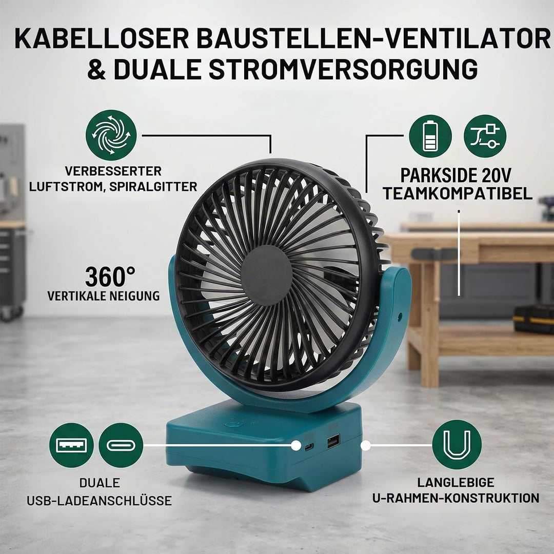 Sxhlseller 20-V-Baustellenventilator mit Bürstenlosem Motor | Tragbarer Ventilator mit 360°-Drehung