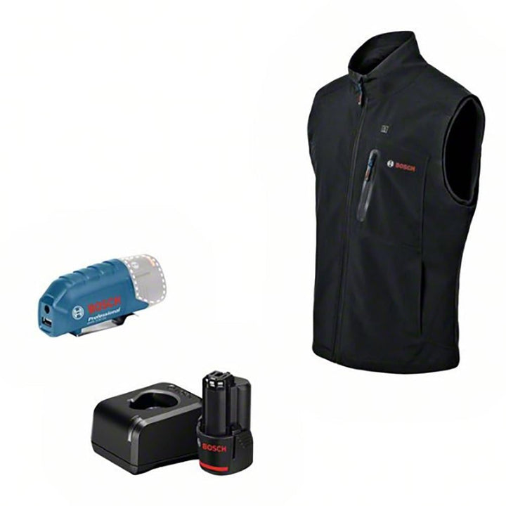 Bosch Professional Beheizbare Weste GHV 12+18V XA (inkl. USB-Ladeadapter GAA 12V-21 + GBA 12V 2.0Ah