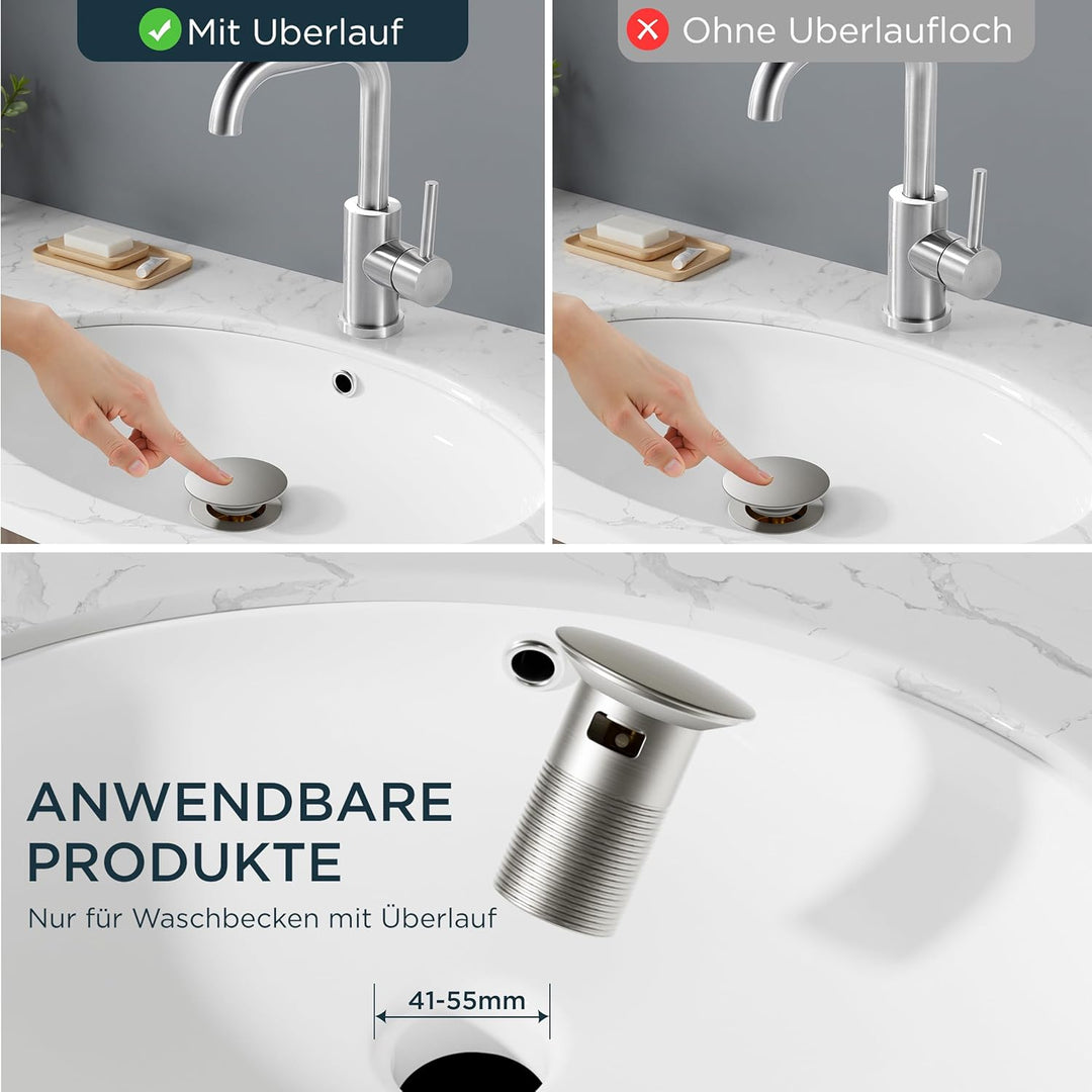 FORIOUS Wasserhahn Bad Hoch mit Ablaufgarnitur，360° Drehbar Edelstahl Waschtischarmatur Hoch mit War